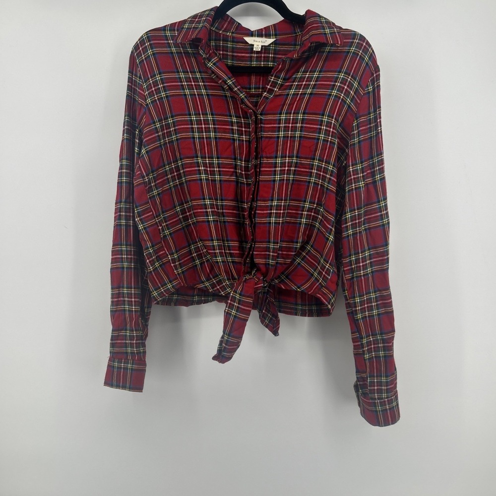 Sim & Sam Plaid Holiday Tie-Front Crop Button Down Shirt Sz M Grunge Streetwear